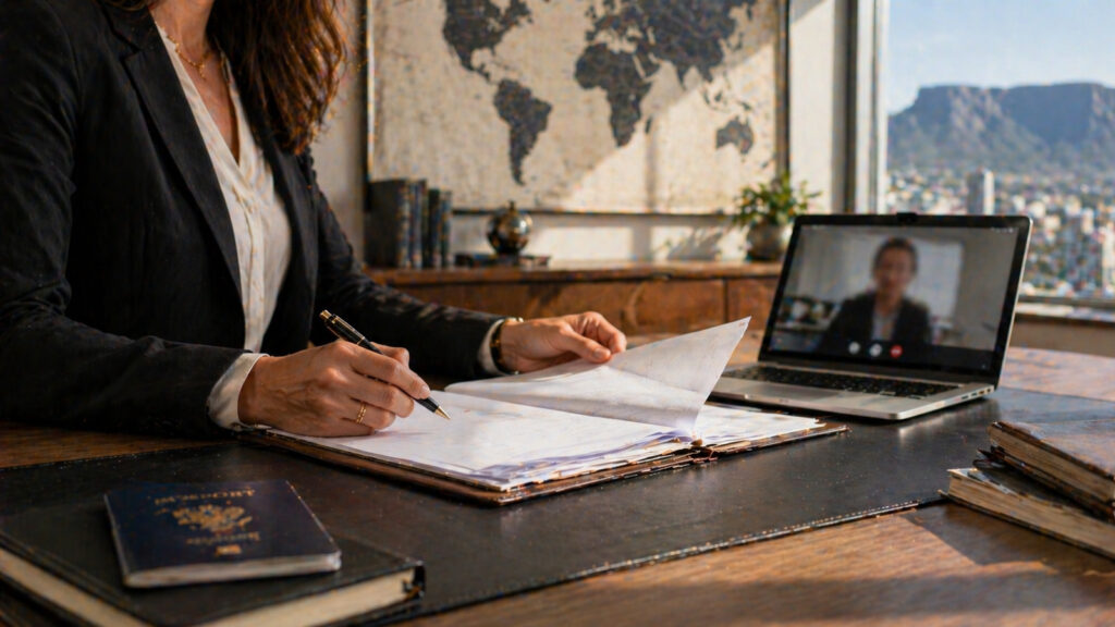 Attorney reviewing divorce documents in a modern South African office with laptop and passport, representing overseas spouse divorce process